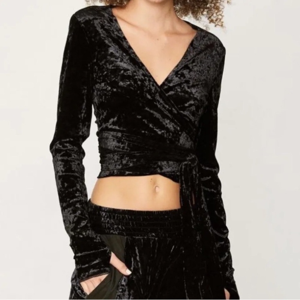NWT We Are HAH Hot As H Burnout Velvet Wrap Top in Black